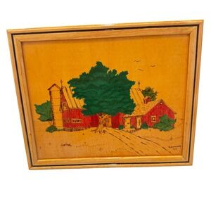 Vintage‎ Farmhouse Barn Landscape Art Wood Framed Wall Decor Signed Dated